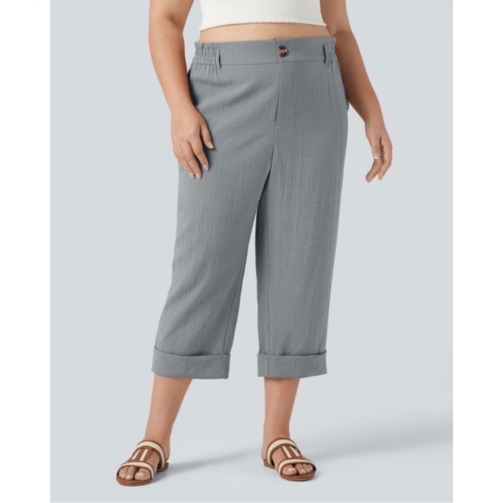 Halara Women Linen Feel Light Blue Gray High Waisted Cropped Pants Large nwt